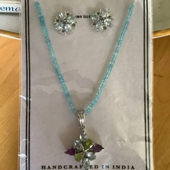 𝅺STERLING SILVER 925 BLUE TOPAZ AMETHYST PERIDOT NECKLACE/EARRINGS SET​​